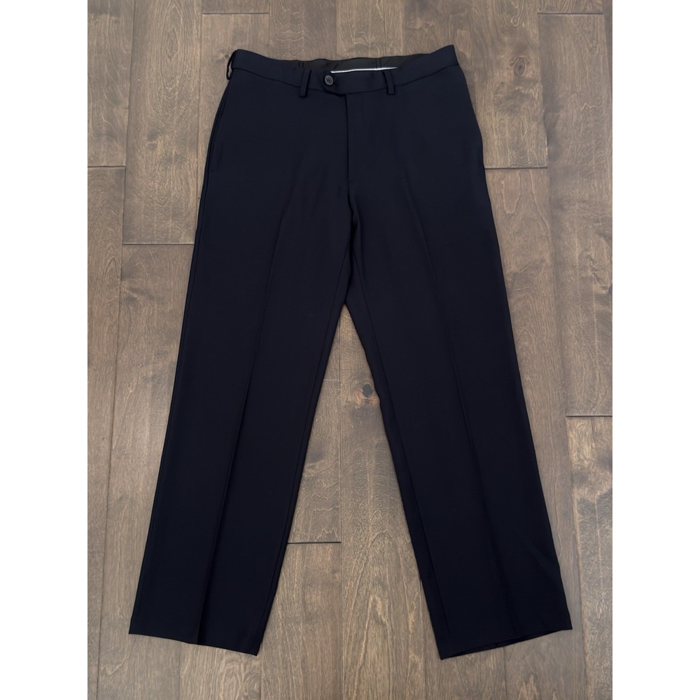 Haggar Repreve Mens Flat Front Dress Pants Size 32X30 Navy Blue Expandable Waist